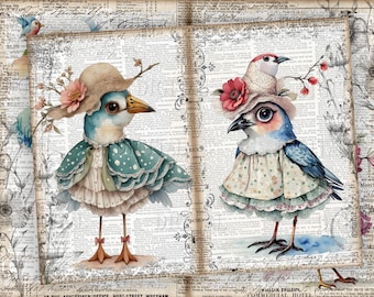 Whimsical Birds Junk Journal Paper, Printable Ephemera (PDF)