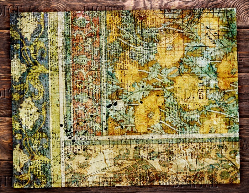 May include: A vintage-style patterned paper with a faded, distressed look. The paper features a floral design with a grid overlay and a blue, green, and yellow colour scheme.