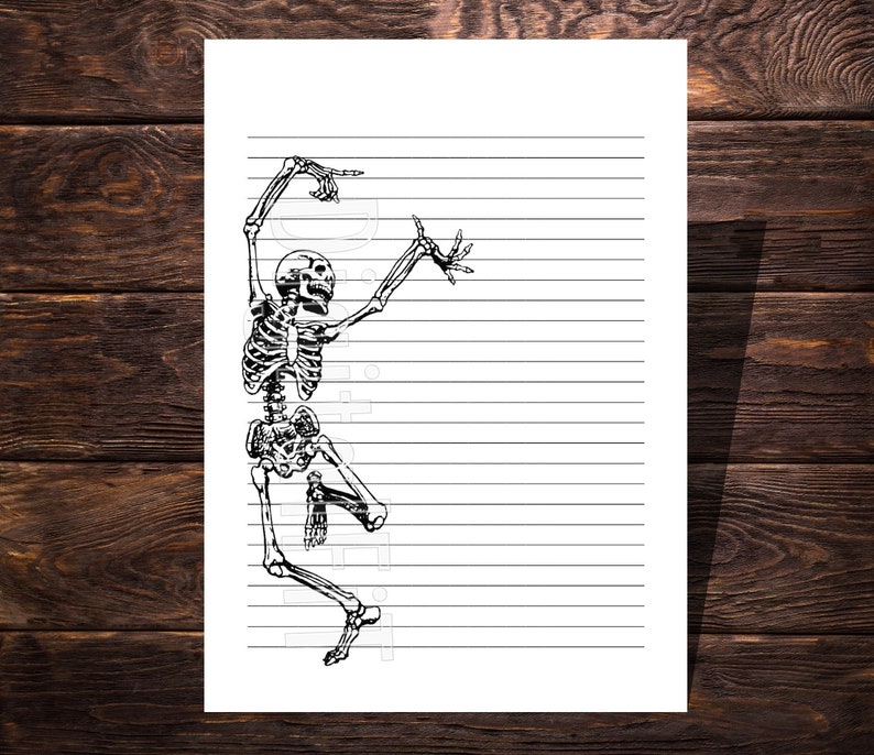 May include: A black and white line drawing of a skeleton dancing on a white sheet of lined paper.