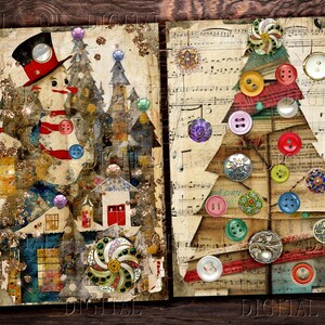 Two vintage-style Christmas cards. The left card features a snowman with a top hat and red scarf in front of a snowy village. The right card features a Christmas tree made of paper with buttons and other embellishments.