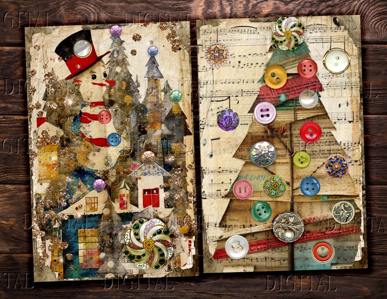 Two vintage-style Christmas cards. The left card features a snowman with a top hat and red scarf in front of a snowy village. The right card features a Christmas tree made of paper with buttons and other embellishments.