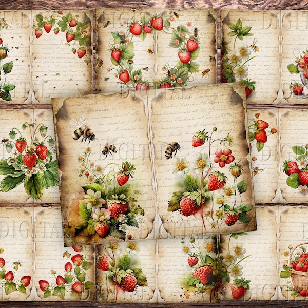 Kit de diario basura Strawberry Bee: Páginas imprimibles vintage (PDF)