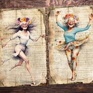 Two whimsical illustrations of elderly women dancing. One wears a white dress and holds a flower, the other a blue top and floral pants. Both have flower crowns and are set against a backdrop of aged paper with handwritten text. DigitalFit Etsy Store: https://www.etsy.com/shop/DigitalFit
