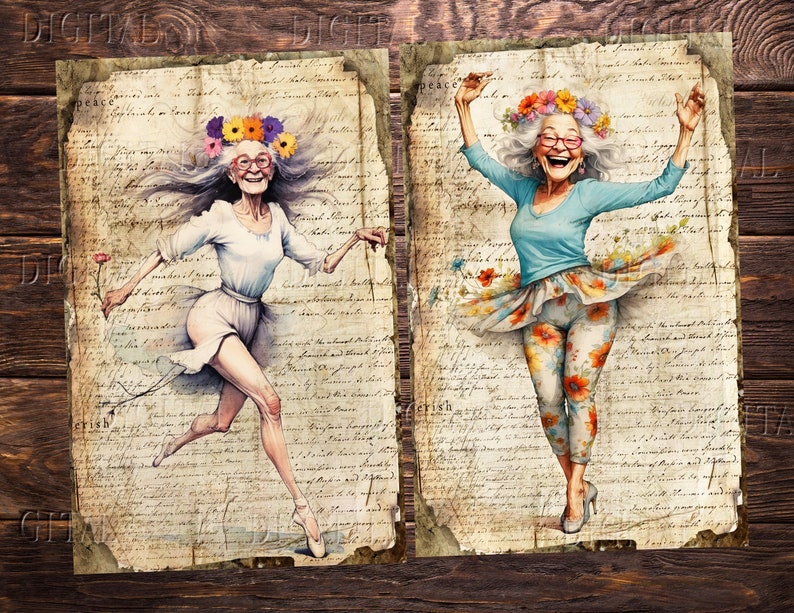 Two whimsical illustrations of elderly women dancing. One wears a white dress and holds a flower, the other a blue top and floral pants. Both have flower crowns and are set against a backdrop of aged paper with handwritten text. DigitalFit Etsy Store: https://www.etsy.com/shop/DigitalFit