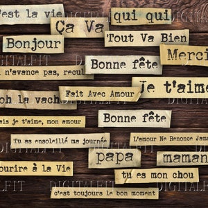 May include: A wooden background with various paper scraps with French phrases written on them. The phrases include "c'est la vie", "Ca Va", "Bonjour", "Qui n'avance pas, recul", "oh la vach", "Fait Avec Amour", "Mais je t'aime, mon amour", "Tout Va Bien", "Bonne f&ecirc;te", "Merci", "Je t'aime", "Tu as ensoleill&eacute; ma journ&eacute;e", "Sourire &agrave; la Vie", "papa", "L'amour Ne Renonce Jamais", "maman", "tu es mon chou", and "c'est toujours le bon moment".