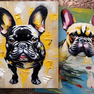 Könnte beinhalten: Zwei Gemälde von französischen Bulldoggen. Das erste Gemälde zeigt eine schwarze französische Bulldogge vor gelbem Hintergrund. Das zweite Gemälde zeigt eine hellbraune französische Bulldogge vor blauem Hintergrund.