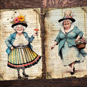 May include: Two illustrations of women wearing hats and dresses. The woman on the left is holding a red flower and wearing a colorful striped skirt. The woman on the right is carrying a basket of flowers and wearing a blue dress.