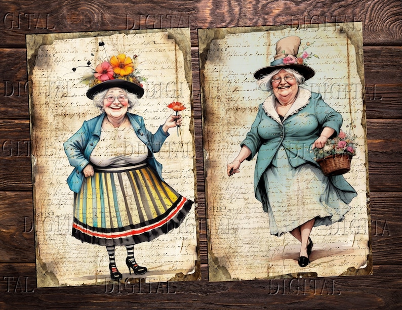 May include: Two illustrations of women wearing hats and dresses. The woman on the left is holding a red flower and wearing a colorful striped skirt. The woman on the right is carrying a basket of flowers and wearing a blue dress.