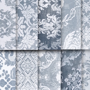 May include: A digital collage of nine different patterns in shades of blue and white. The patterns are all intricate and feature floral and geometric designs.