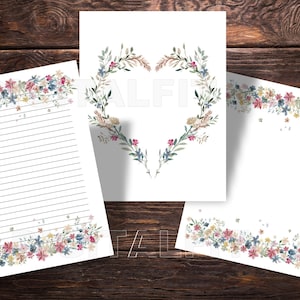Papel digital de primavera, juego de páginas para escribir con flores de acuarela, páginas de letras con líneas florales, PDF