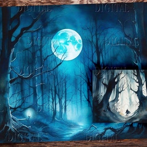 May include: A watercolour painting depicting a dark, mysterious forest at night. The moon is full and bright, casting an ethereal glow on the trees. A figure walks through the forest, their silhouette barely visible in the darkness.