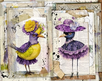 Whimsical Birds,  9 Dressed Birds, Half Junk Journal Pages, 5.5" x 8.5"