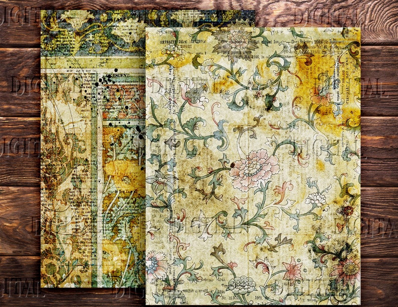 May include: Two vintage paper textures with a faded, distressed look. One features a floral pattern with green leaves and pink flowers. The other has a textural pattern with a yellow and green colour scheme.