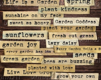 May include: A rustic wooden background with various paper strips with text about gardening. The text includes "Life is a Garden", "spring", "plant kindness", "sunshine on my face", "sweet as honey", "Garden Goddess", "plant your garden", "sunflowers", "fresh cut grass", "garden joy", "lazy daisy", "every garden has its", "Every Garden Tells a Story", "seeds", "dream garden", "bees are buzzing", "planted with love", "Live Love Grow", and "grow your own".