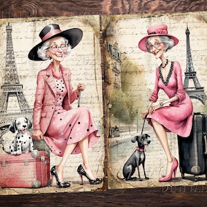 Puede incluir: Dos mujeres con vestidos y sombreros rosas con lunares negros pasean a sus perros en Par&iacute;s. La Torre Eiffel est&aacute; en el fondo. Una mujer lleva una maleta y la otra un bast&oacute;n. Los perros son un d&aacute;lmata y un perro negro.