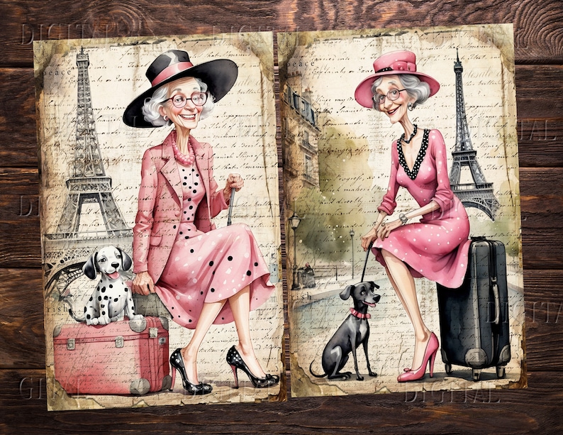 Puede incluir: Dos mujeres con vestidos y sombreros rosas con lunares negros pasean a sus perros en Par&iacute;s. La Torre Eiffel est&aacute; en el fondo. Una mujer lleva una maleta y la otra un bast&oacute;n. Los perros son un d&aacute;lmata y un perro negro.