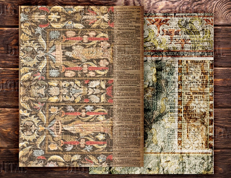 May include: A collage of vintage paper textures featuring a floral pattern, text in French, and a faded image of a woman. The text includes "Saje du Fanguina Ble", "Chateau Historique", "B. Geersant", "Une Propriete Part", "Bancs Eur", "Hadroge", and "Drita".