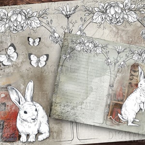 Kaninchen mit Blumen, 8 Seiten weißer Osterhase, Bunnies Junk Journal Kit, Printable Paper, Frühling Ephemera, PDF