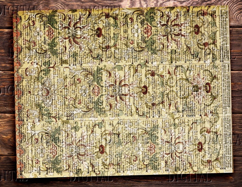 May include: A vintage style digital paper with a repeating pattern of floral designs in shades of green, brown, and white on a yellow background.
