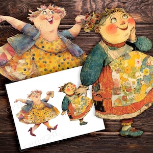 May include: Two whimsical paper cutouts of cartoon figures, one with arms outstretched and the other with a hand to the face. A smaller print shows the same figures in a dancing pose. The figures are dressed in colorful, patterned clothing, set against a dark wood background.