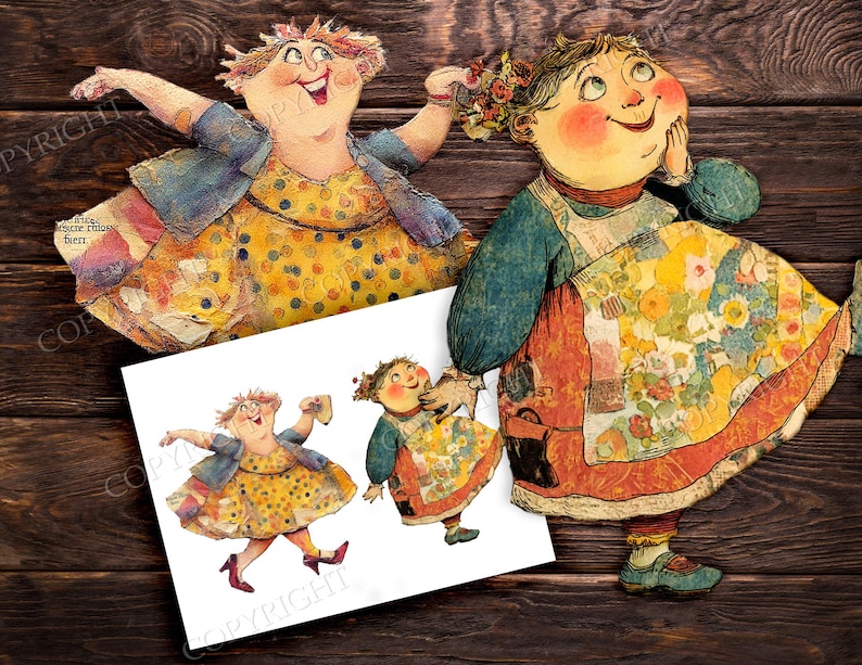May include: Two whimsical paper cutouts of cartoon figures, one with arms outstretched and the other with a hand to the face. A smaller print shows the same figures in a dancing pose. The figures are dressed in colorful, patterned clothing, set against a dark wood background.