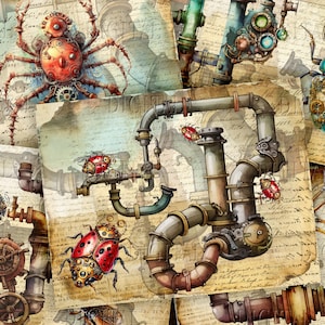 Steampunk Industrial Pipe,  Steampunk Insects Junk Journal Pages, 11&quot;x 8.5&quot; Digital Pages, PDF