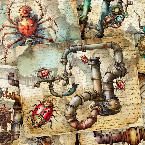 Steampunk Industrial Pipe,  Steampunk Insects Junk Journal Pages, 11"x 8.5" Digital Pages, PDF