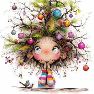 May include: A digital illustration of a person with large eyes and rosy cheeks, whose messy hair is styled like a tree branch adorned with colorful Christmas ornaments, pine needles, and red berries, with two small birds resting at the base.
