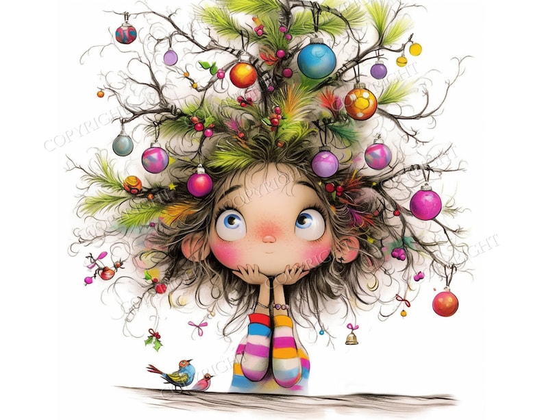 May include: A digital illustration of a person with large eyes and rosy cheeks, whose messy hair is styled like a tree branch adorned with colorful Christmas ornaments, pine needles, and red berries, with two small birds resting at the base.