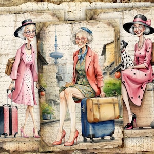 Puede incluir: Tres mujeres con ropa y sombreros vintage est&aacute;n de pie con maletas. Las mujeres llevan vestidos de lunares y llevan equipaje. El fondo es un papel de estilo vintage con escritura.