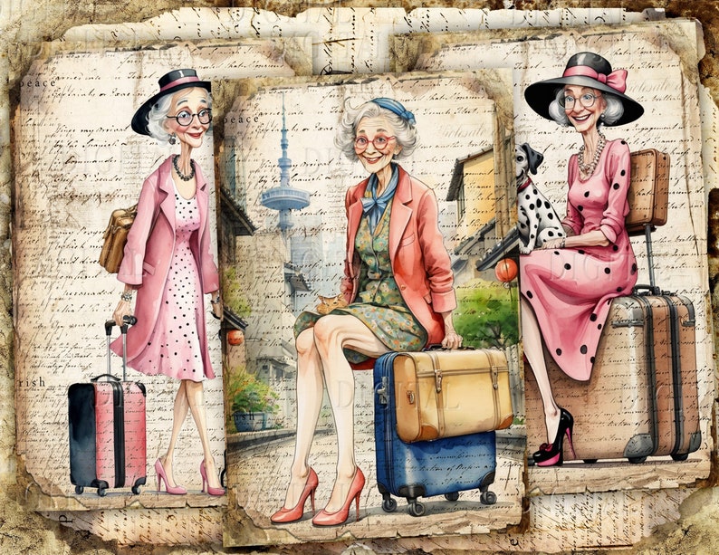 Puede incluir: Tres mujeres con ropa y sombreros vintage est&aacute;n de pie con maletas. Las mujeres llevan vestidos de lunares y llevan equipaje. El fondo es un papel de estilo vintage con escritura.