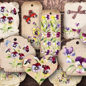 Stiefmütterchen Ephemera, 36 Tags, Etiketten, Umschläge, Shabby Chic Gartenkunst zum Ausdrucken, PDF zum Downloaden