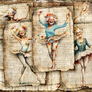 A whimsical artwork depicts several elderly women joyfully dancing in ballet attire. They wear tutus, floral headbands, and ballet shoes, set against a backdrop of aged paper with handwritten script. The women are smiling and appear to be enjoying themselves. DigitalFit Etsy Store: https://www.etsy.com/shop/DigitalFit