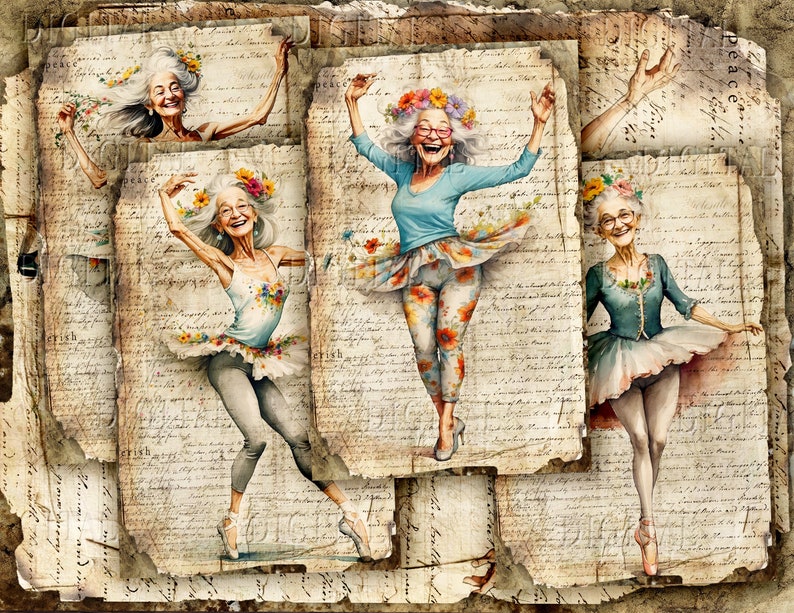 A whimsical artwork depicts several elderly women joyfully dancing in ballet attire. They wear tutus, floral headbands, and ballet shoes, set against a backdrop of aged paper with handwritten script. The women are smiling and appear to be enjoying themselves. DigitalFit Etsy Store: https://www.etsy.com/shop/DigitalFit