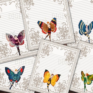 Butterfly Printable Writing Paper, 12 Letter Writing Stationery, Color and White Lined Paper, 8.5 x 11, PDF