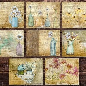 May include: Nine digital collage sheets featuring vintage floral designs with a rustic background. The designs include daisies, wildflowers, and other floral arrangements in vases, pitchers, and teapots. The background is a faded, vintage-looking paper with handwritten text.