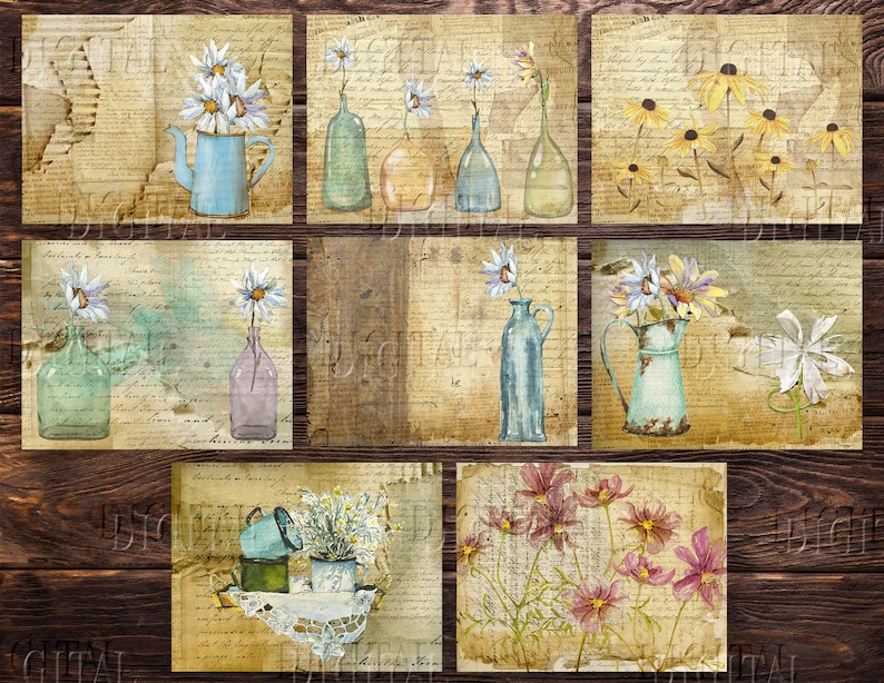 May include: Nine digital collage sheets featuring vintage floral designs with a rustic background. The designs include daisies, wildflowers, and other floral arrangements in vases, pitchers, and teapots. The background is a faded, vintage-looking paper with handwritten text.