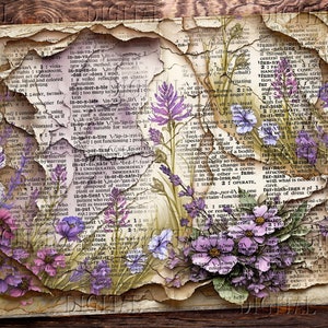 Papel envelhecido desgastado, fundo digital rasgado, flores roxas, papel de diário digital rasgado, PDF