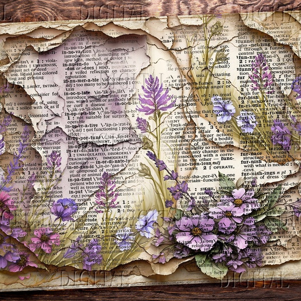 Distressed Aged Paper, Torn Digital Background, Purple Flowers, Ripped Digital Journal Paper, PDF