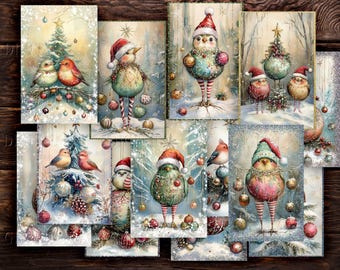 Whimsical  Christmas Birds, 14 Fluffy Birds, Christmas Gifts, Card Making, 5.5x8.5&quot; Half Pages, Woodland Crafts, Junk Journal