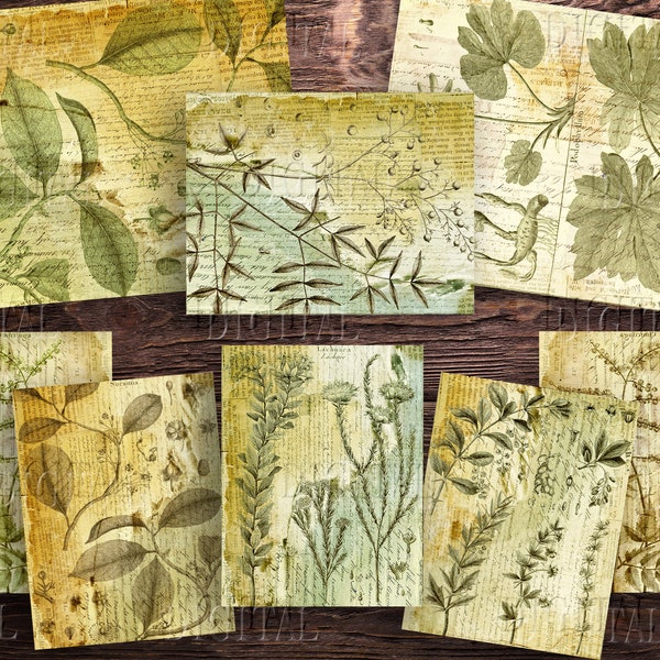 Botanical Junk Journal Printable, 14 Vintage Scrapbooking Pages, Plants Digital Collage Paper, PDF
