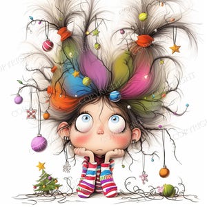 May include: A digital illustration of a character with wild, voluminous hair styled like a Christmas tree, adorned with colorful ornaments, stars, and lights. The character has large blue eyes, rosy cheeks, and wears a striped shirt with red and white.