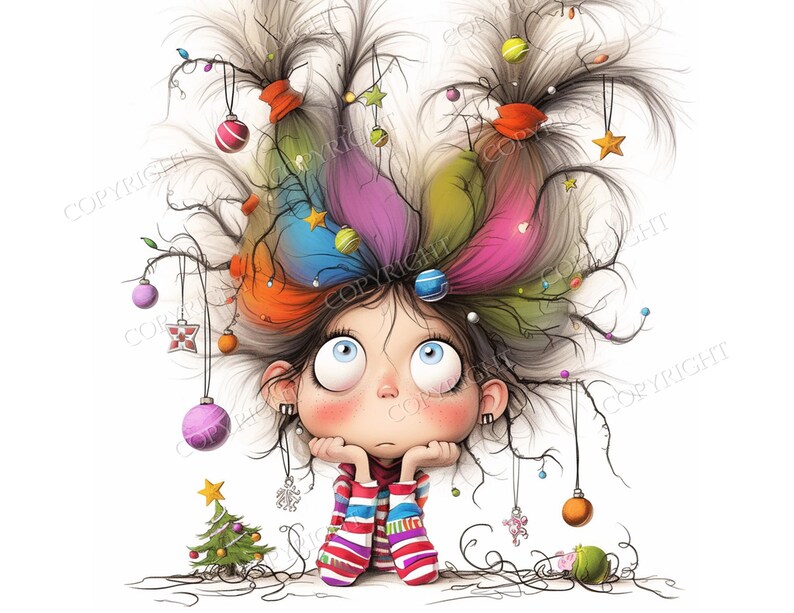 May include: A digital illustration of a character with wild, voluminous hair styled like a Christmas tree, adorned with colorful ornaments, stars, and lights. The character has large blue eyes, rosy cheeks, and wears a striped shirt with red and white.