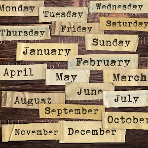 Parole dei mesi, parole digitali dei giorni della settimana, parole del diario, parole del pianificatore, scrapbooking, JPG