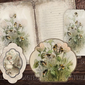 Bees Junk Journal Kit, Printable Papers, 30+ Digital Bee Tags, Pockets, Envelopes, Cards, Ephemera
