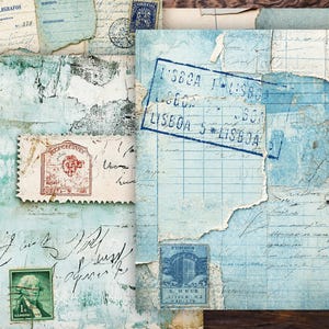 May include: A collage of vintage ephemera featuring aged paper, postage stamps, and handwritten script. The color palette includes shades of blue, beige, and green, with distressed textures. Stamps and postmarks add to the antique aesthetic.