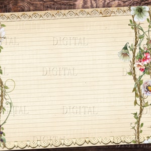 May include: A vintage-style lined paper background with a decorative border of lace and floral vines. The paper has a light beige color and is perfect for writing letters or notes.