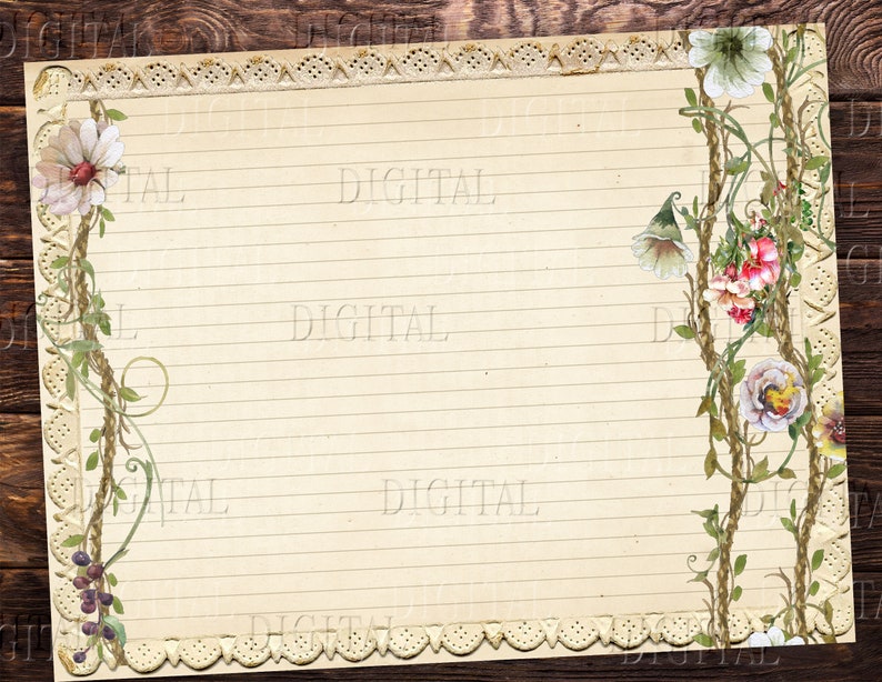 May include: A vintage-style lined paper background with a decorative border of lace and floral vines. The paper has a light beige color and is perfect for writing letters or notes.