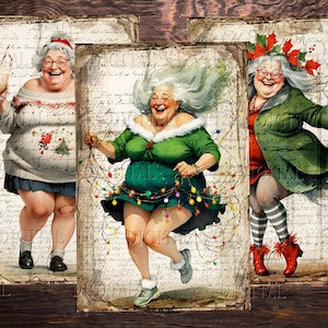 Three digital printable images of women dressed in festive attire. The first woman is wearing a white sweater with a red Santa hat and holding a glass of eggnog. The second woman is wearing a green dress with a string of Christmas lights and is jumping in the air.