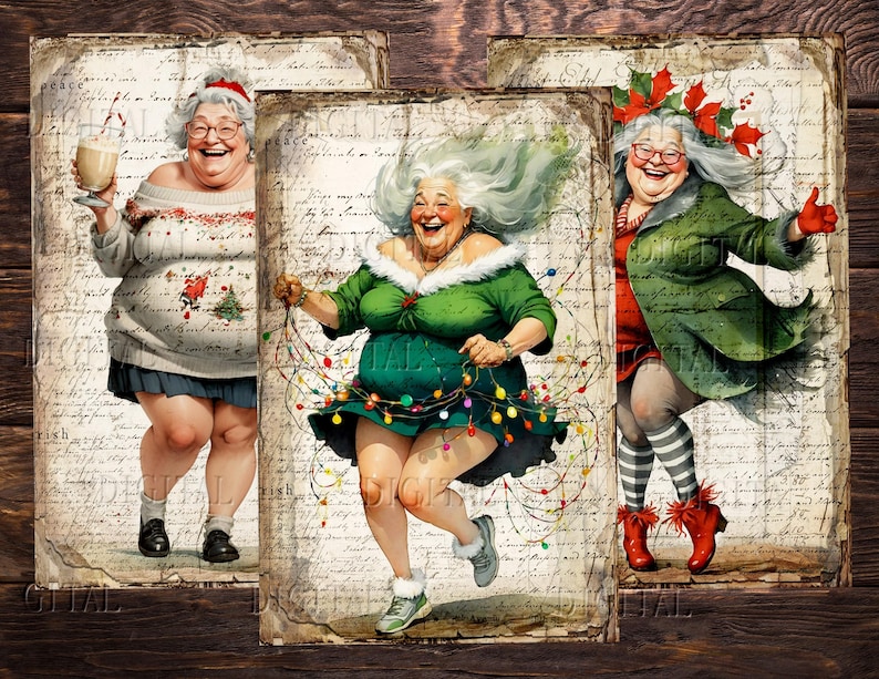 Three digital printable images of women dressed in festive attire. The first woman is wearing a white sweater with a red Santa hat and holding a glass of eggnog. The second woman is wearing a green dress with a string of Christmas lights and is jumping in the air.